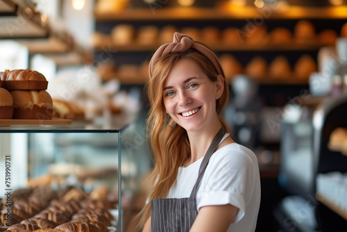 joyful bakery shop owner stands in front of her products, daily goods and SME small business concept. photo