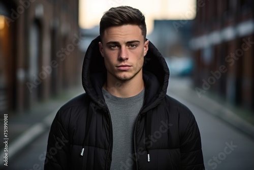 Portrait of a handsome young man wearing a black hooded sweatshirt