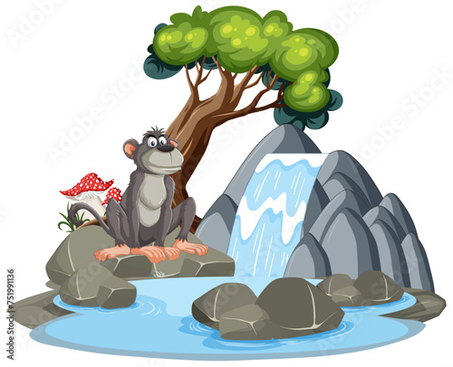 Cartoon gorilla sitting peacefully by a waterfall