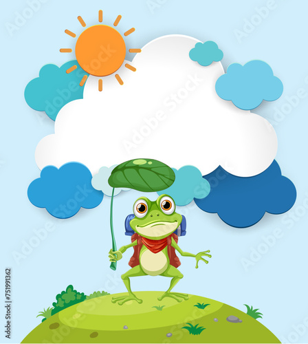 Cheerful frog using a leaf as an umbrella.