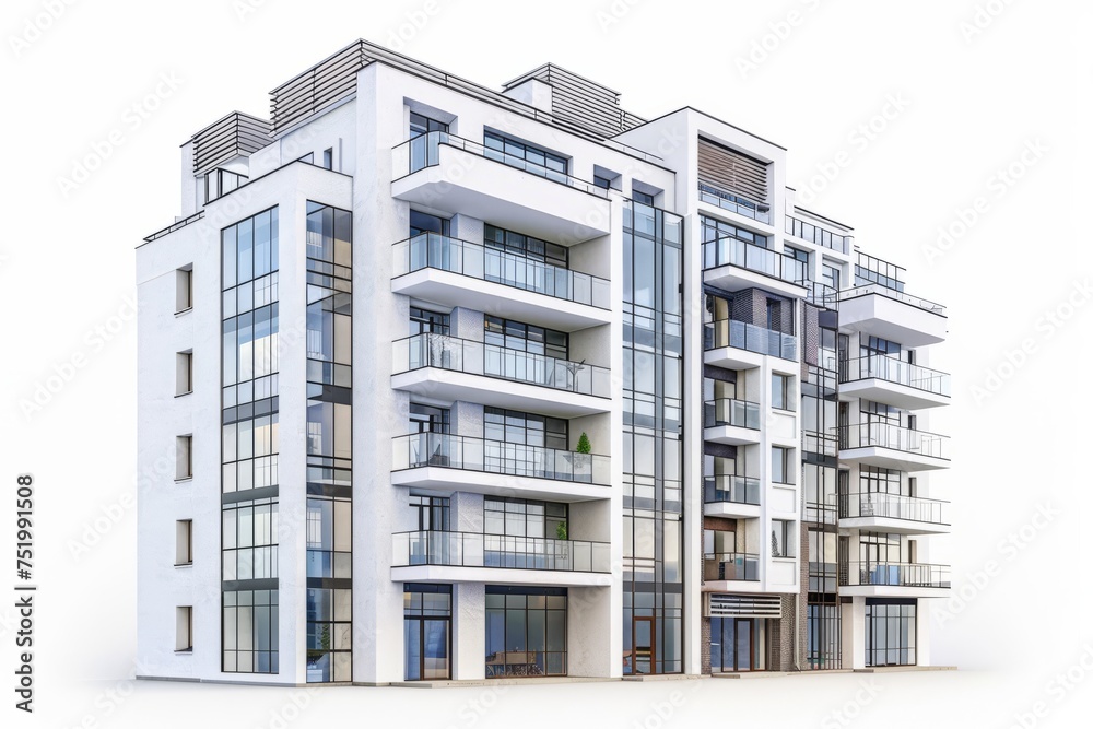 Urban apartment complex facade, on isolated white background, Generative AI