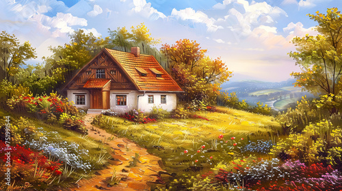 German landscape with country side and colorful flowers, Oil paintig banner