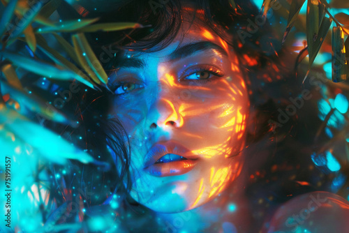 Neon aesthetic portrait of womanand nature. Magic universe.