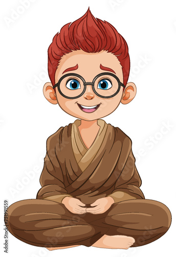 Cartoon boy meditating with a joyful expression