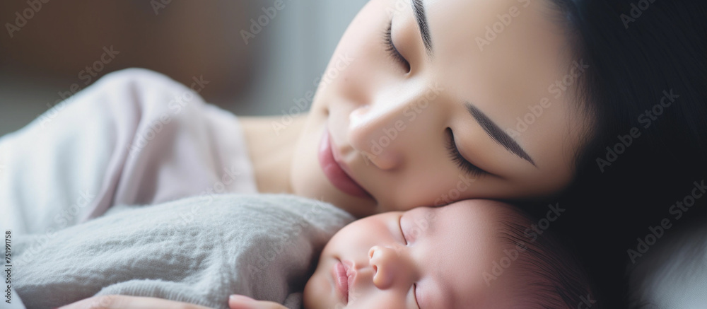 Close up portrait of beautiful young Caucasian mother day girl kissing healthy newborn baby sleep in bed. Tender Moments Close-up Portrait of a Young Caucasian Mother and Newborn
