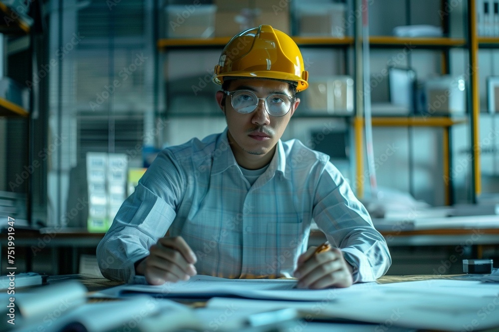 Close up of engineer wearing yellow helmet working on a blueprint. Architect' hands with pencil working on the blueprint. Professional concept. Close up of engineer wearing yellow helmet working on a blueprint. Architect' hands with pencil working on the blueprint. Professional concept.