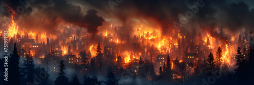 fire in the night, Wildfire forest fire burning down a town climate