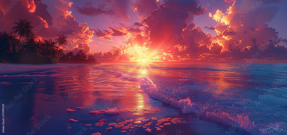 Sunset over water. Created with Ai
