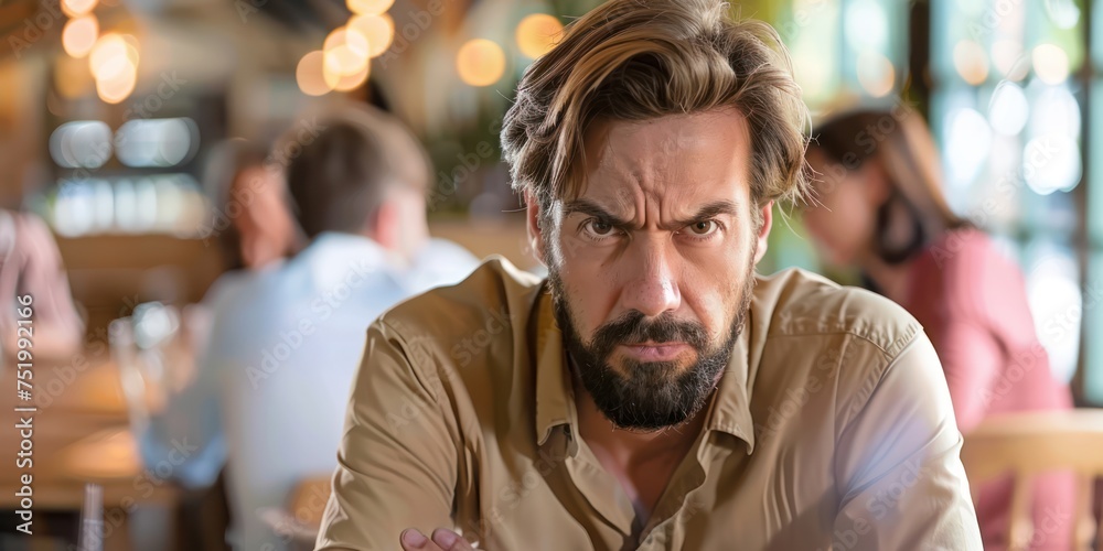 Angry man sitting in coffee shop, unhappy customer 