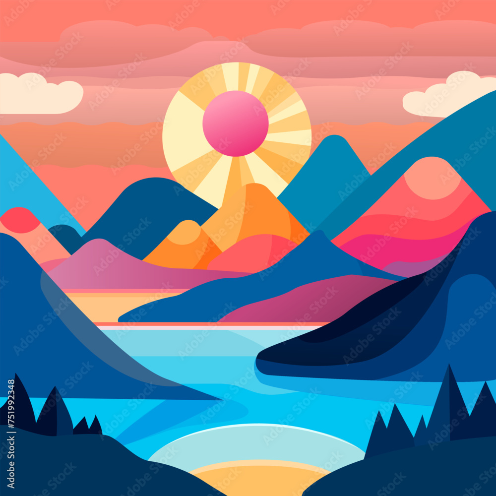 stylized vector landscape lake mountains