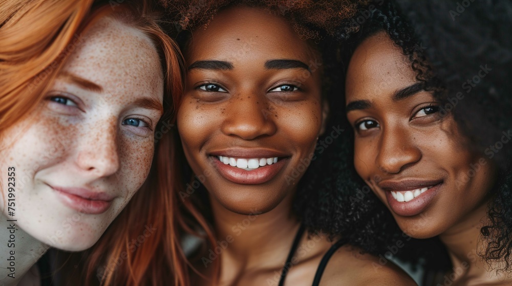 Three women are close together, facing the camera with joyful expressions. The woman on the left has fair skin with freckles and red hair; she is slightly smiling. The woman in the middle has a darker Three women are close together, facing the camera with joyful expressions. The woman on the left has fair skin with freckles and red hair; she is slightly smiling. The woman in the middle has a darker