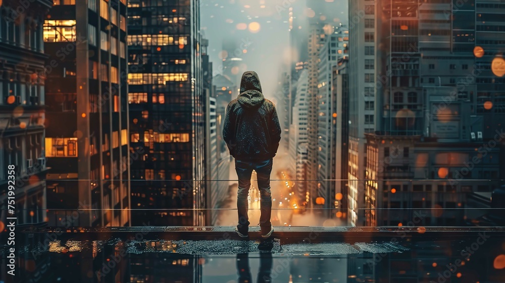 The image features a person standing with their back facing the camera, looking out over an urban canyon flanked by tall buildings illuminated from within. It appears to be dusk or dawn, judging by th - obrazy, fototapety, plakaty 
