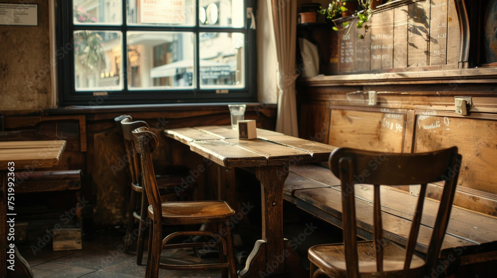 A corner of the café featuring a small wooden bench and a few matching chairs. The unadorned furniture allows the focus to remain on the delicious food and drinks being served.