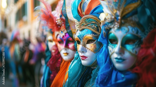 A vibrant and colorful image depicts a group of individuals wearing elaborate Venetian masks. The masks feature intricate designs, with a prominent blue mask in the foreground adorned with gold detail