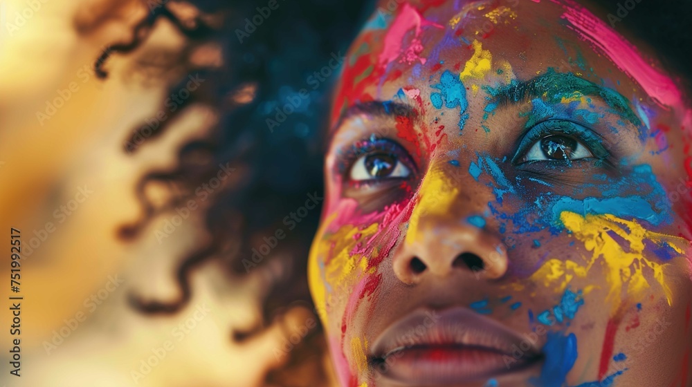 Close-up of an individual with a vibrant expression, wearing a colorful palette of paint splattered creatively on their face. The person's gaze is directed slightly upwards, and the background is blur