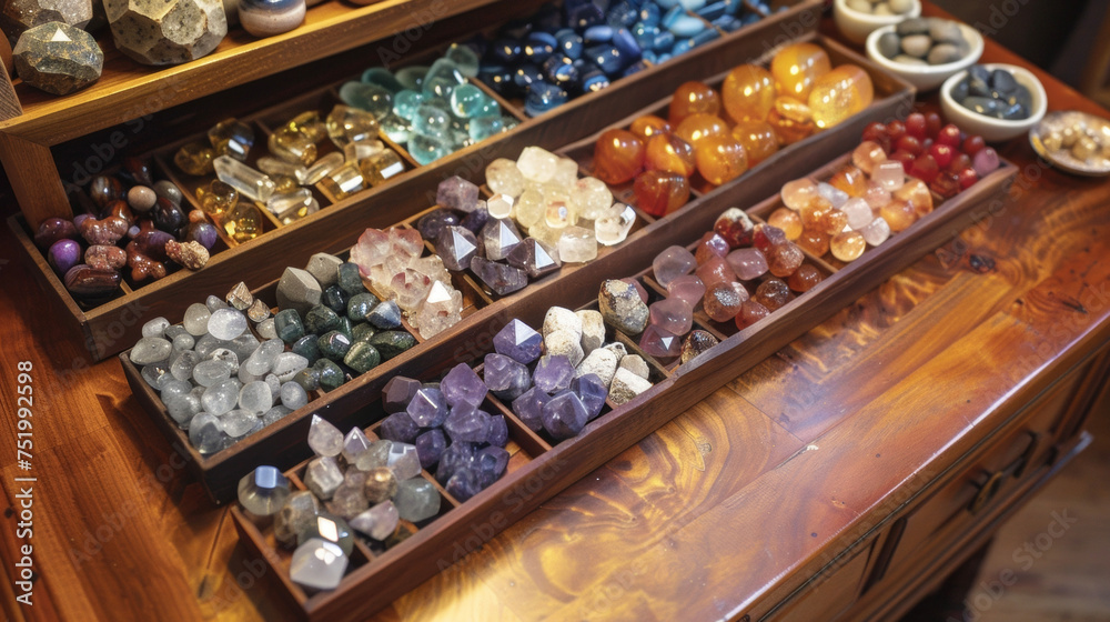 An array of vibrant gemstones each with its unique shape and color representing the power and energy of crystals in traditional medicine.