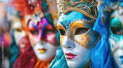 The image showcases a collection of ornate Venetian masks appearing in bright, vibrant colors, each featuring intricate details and decorations. The masks are adorned with patterns, glitter, and vario