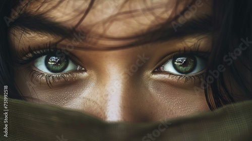 The image is a close-up of a person's face, focusing intensely on the eyes. The eyes are striking, with vibrant green irises surrounded by thick, dark eyelashes. There are reflections in the eyes that