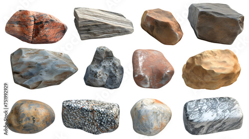 Cutout natural stones various shapes 3d render isolated on transparent background