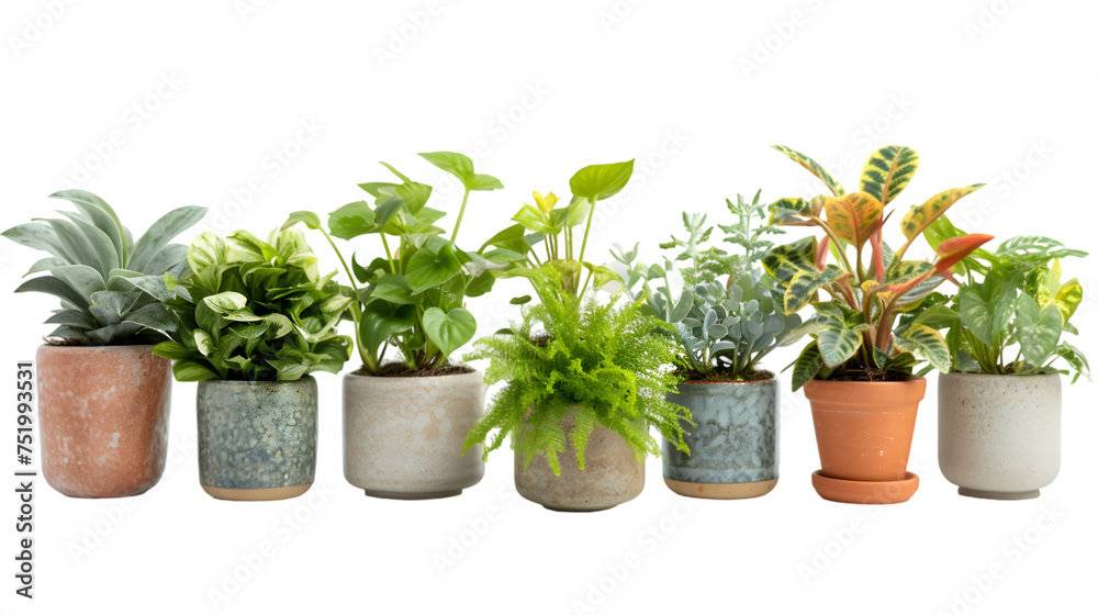 Collection of various houseplants displayed in ceramic pots isolated on transparent background