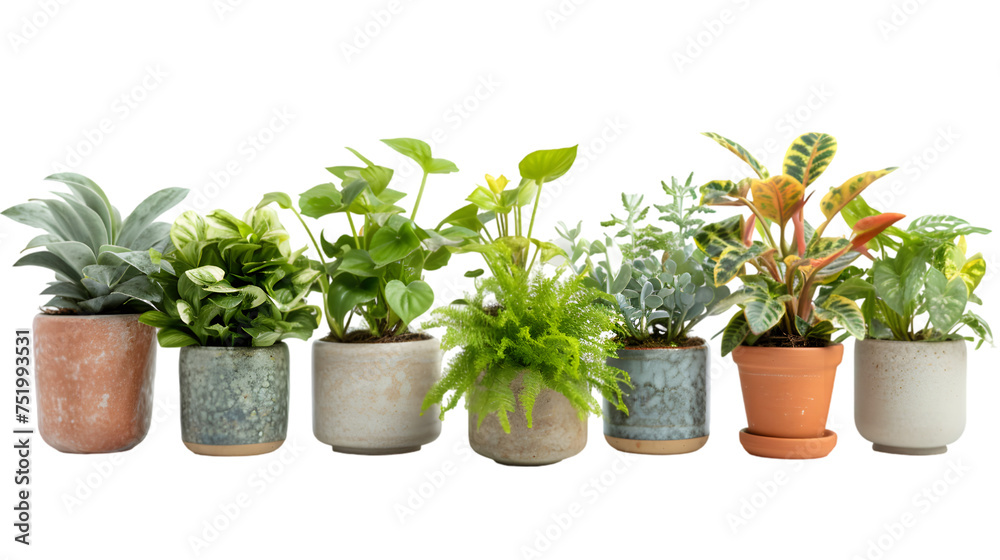 Fototapeta premium Collection of various houseplants displayed in ceramic pots isolated on transparent background