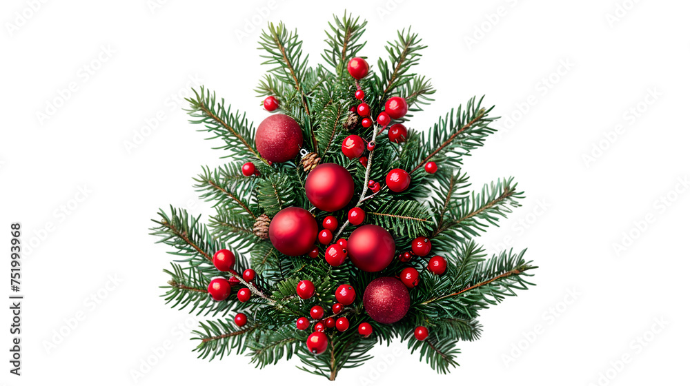 decorated spruce branches in the shape of a Christmas tree on transparent background