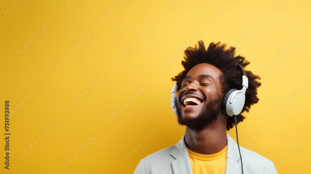 Fototapeta premium Portrait of smiling young man with headphones, man listening to music, adult African American man wearing light blue sweater isolated on yellow background.