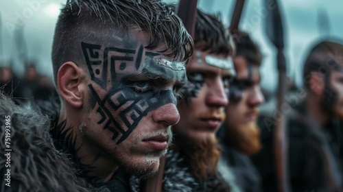 A group of Celtic warriors their faces decorated with intricate tattoos prepare to storm a Roman fortress with determination in their eyes. photo