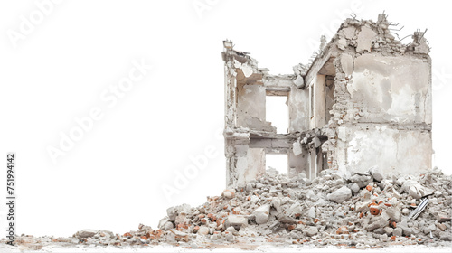 Demolished buildings and residential houses, destroyed homes and architectural constructions and sights. ruined building isolated on transparent background