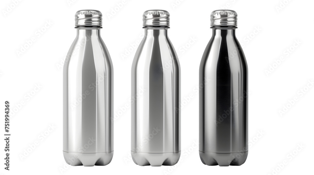 Empty Glossy Metal Reusable Water Bottle with Silver Bung Set. Design template of Packaging Mockup. isolated on transparent background Empty Glossy Metal Reusable Water Bottle with Silver Bung Set. Design template of Packaging Mockup. isolated on transparent background