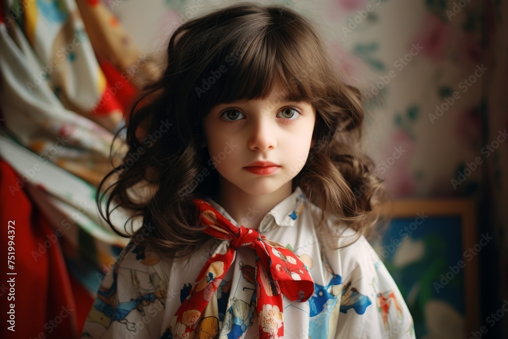 Portrait of a beautiful little girl with long curly hair in a white shirt and red scarf. Portrait of a beautiful little girl with long curly hair in a white shirt and red scarf.