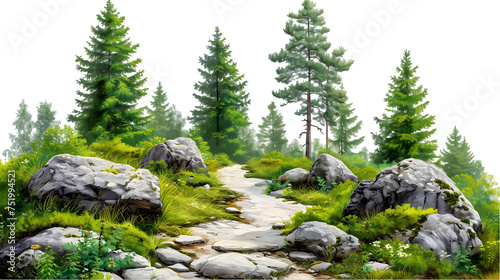 Forest landscape. Path between rocks and firtrees isolated on transparent background