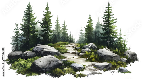 Forest landscape. Path between rocks and firtrees isolated on transparent background