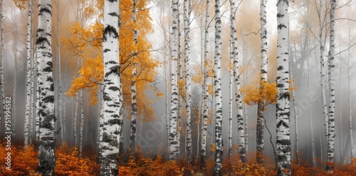 Illustration of Misty Foggy Autumnal Birch Trees in Fall Colors. Generative AI.
