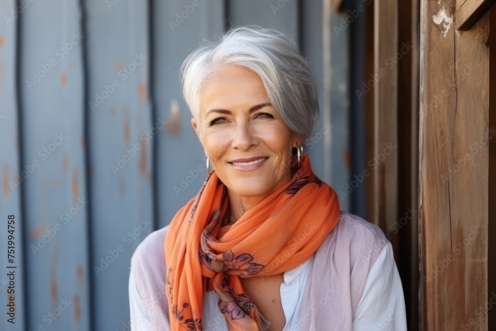 Portrait of a beautiful senior woman with orange scarf in the countryside Portrait of a beautiful senior woman with orange scarf in the countryside