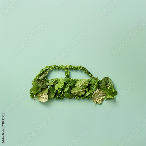 Green spring leaves and daisies in the shape of a car isolated on the mint green background. Green energy creative concept wallpaper