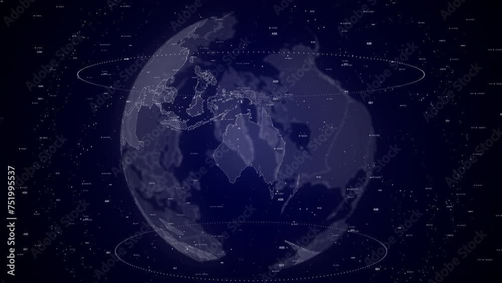 digital globe rotating, zooming in on Australia country. Data analysis Technology Cinematic Globe rotating on Australia Country data analysis background Energy particles around the Globe