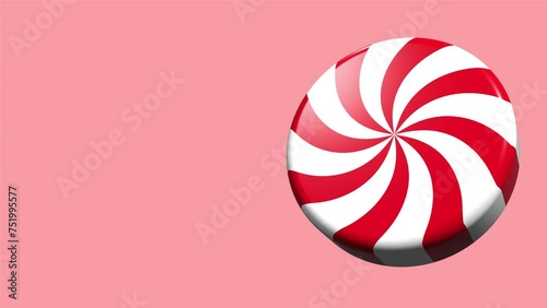 3D animation spinning striped red candy. Striped sugar candy. Striped peppermint candy. Animation for new years day, winter holiday, dessert, new years event photo