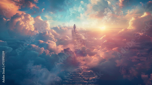 Spiritual journey person looking up a staircase to the heavens clouds forming an illusion of infinity and solitude