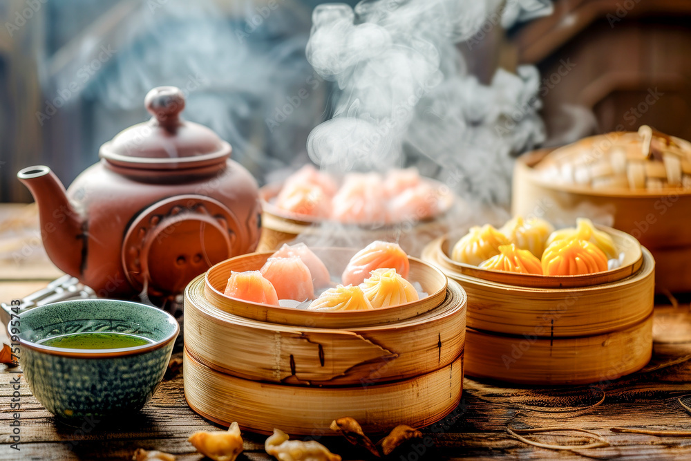 Steaming Dim Sum in Bamboo Steamers with Tea. Steaming Dim Sum in Bamboo Steamers with Tea.