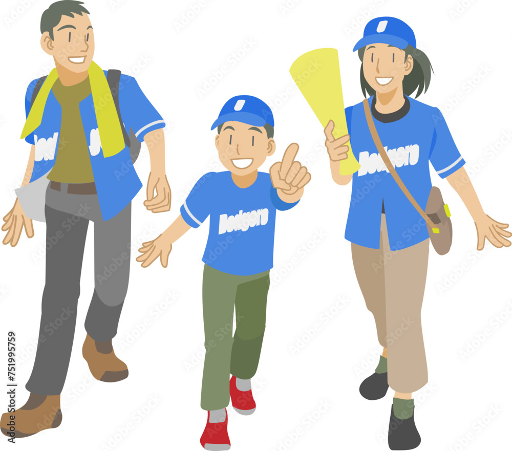 野球ユニフォームを着て応援に行く家族のイラスト