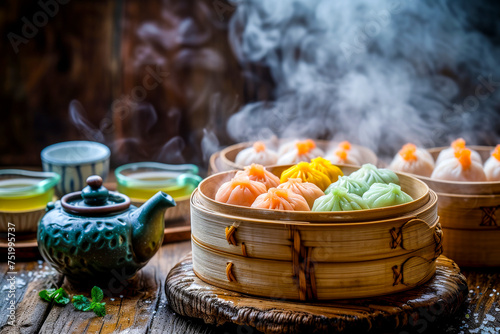 Steaming Dim Sum in Bamboo Steamers with Tea. photo