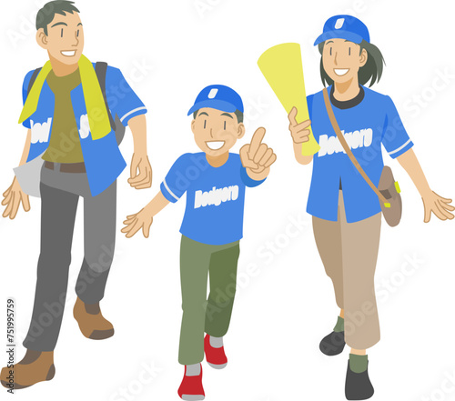 野球ユニフォームを着て応援に行く家族のイラスト