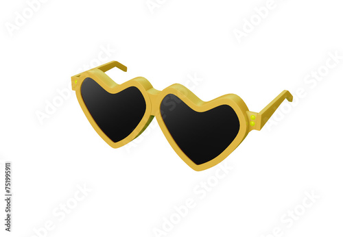 3D illustration rendering yellew heart shaped sunglasses and black lens