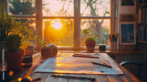 Sunset hues enveloping a clutterfree home office camera and pencils outlined against the closing day inspiring artistic endeavors