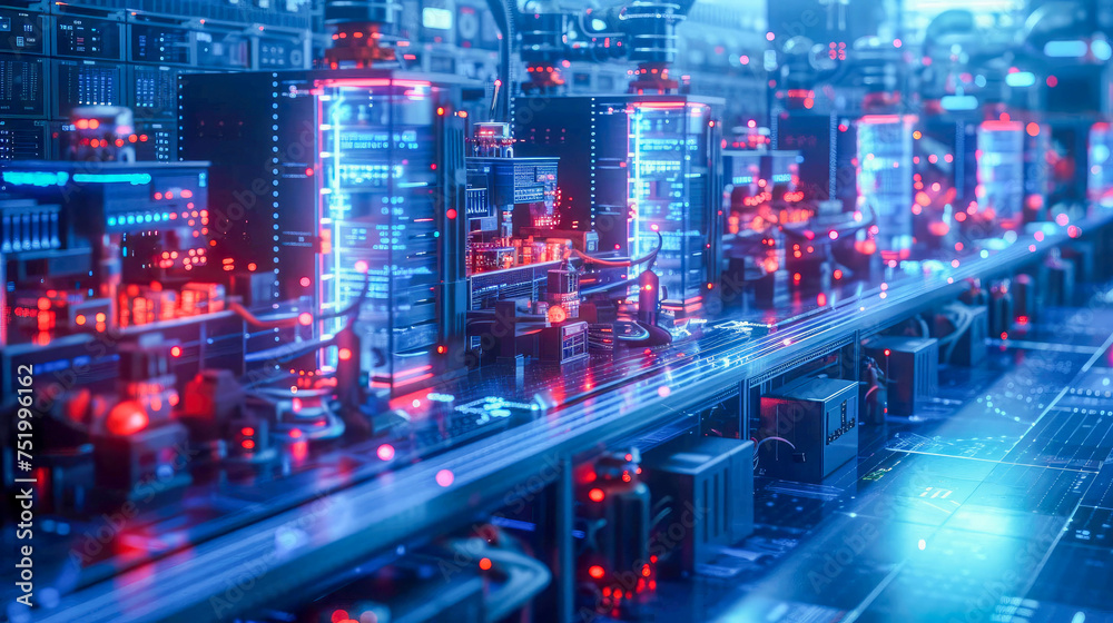 Futuristic server room with bright lights. Data center concept
