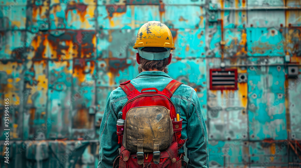 Portrait of a worker in a hardhat and with a backpack standing against the background of an old rusty iron wall Portrait of a worker in a hardhat and with a backpack standing against the background of an old rusty iron wall