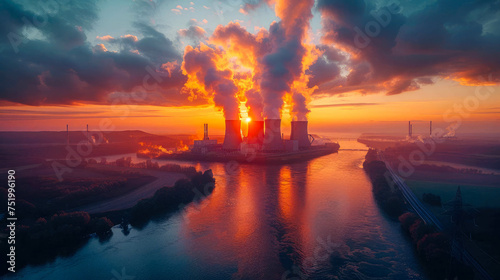 Aerial view of coal power plant with smoking chimneys at sunset