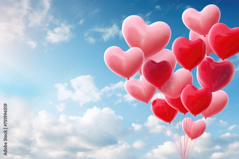 Heart-shaped balloons escaping into the sky.