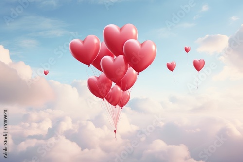 Heart-shaped balloons escaping into the sky. © OhmArt